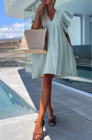 Mindie Ruffle Frill Sleeve Cotton Gauze Style Smock Dress-Mint