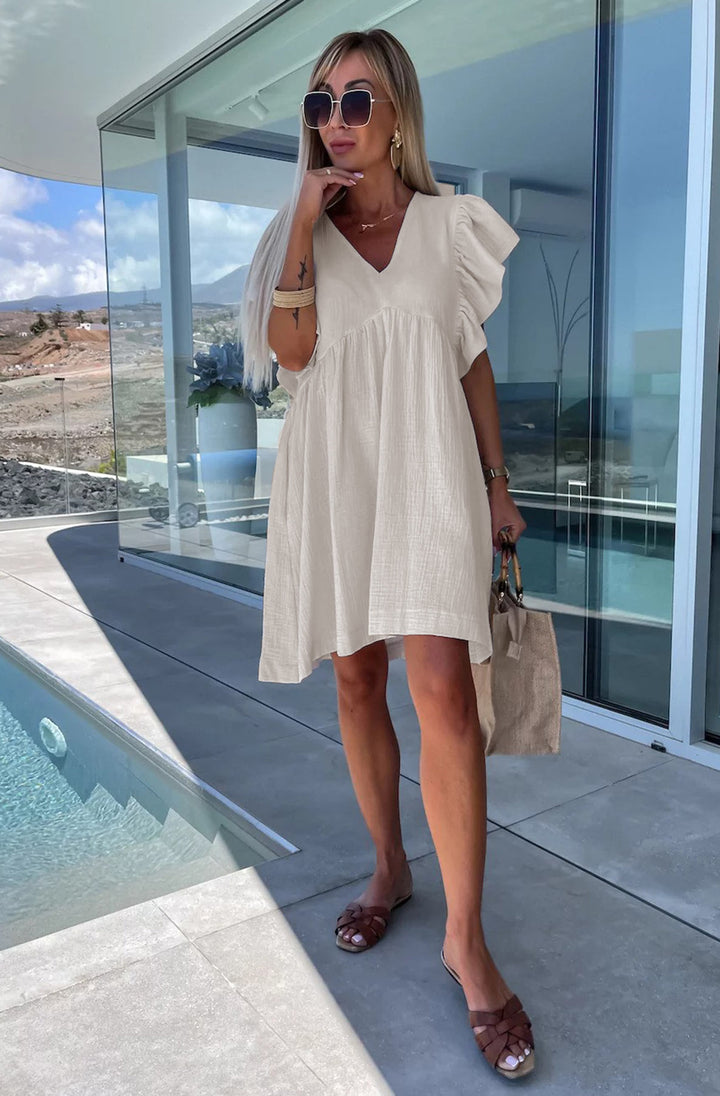 Mindie Ruffle Frill Sleeve Cotton Gauze Style Smock Dress-Stone