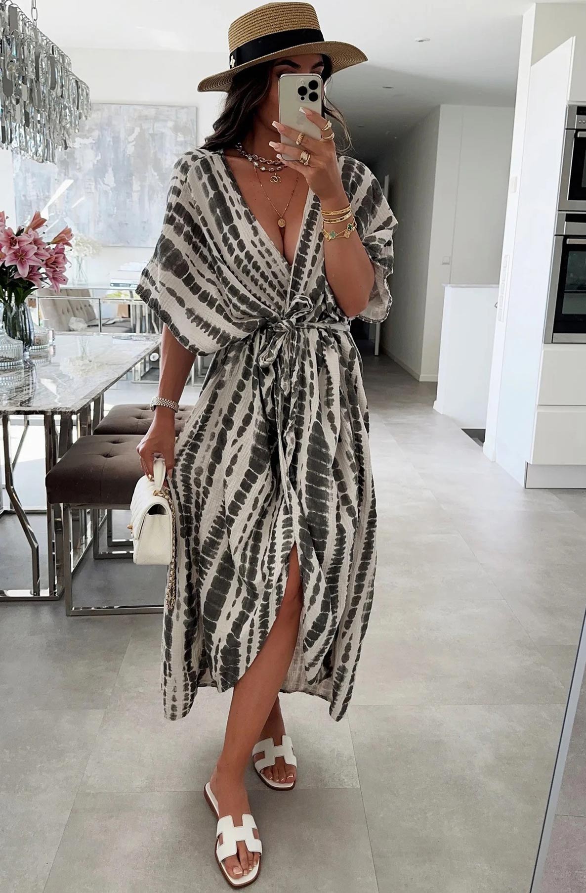 Mira Tie-Dye Open Front Wrap Cotton Gauze Style Midaxi Dress-Black