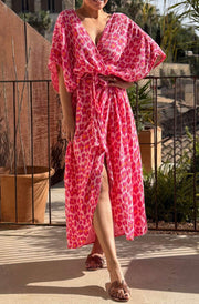 Mira Leopard Animal Open Front Wrap Cotton Gauze Style Midaxi Dress-Pink