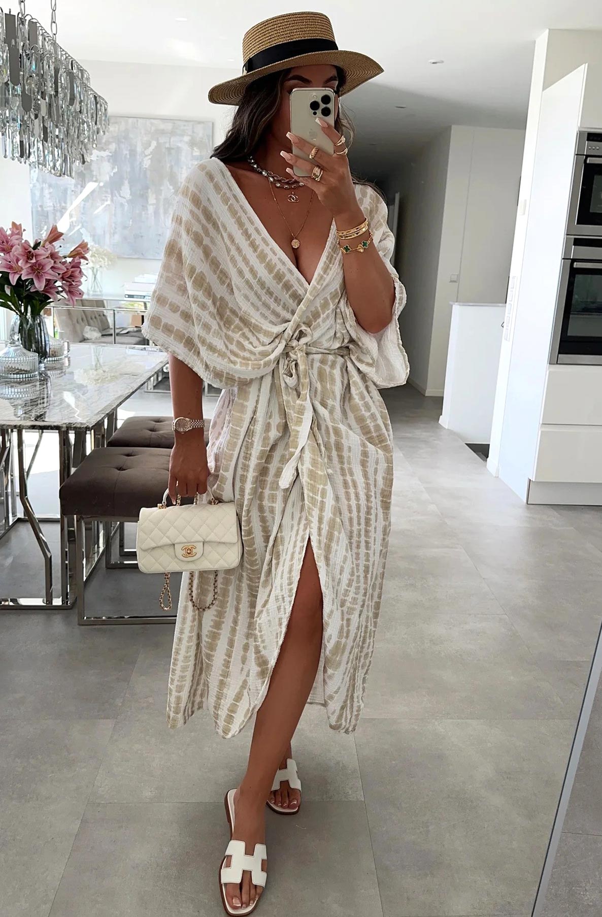 Mira Tie-Dye Open Front Wrap Cotton Gauze Style Midaxi Dress-Stone