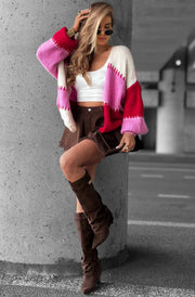 Miraya Contrast Colour Block Knitted Cardigan-Red