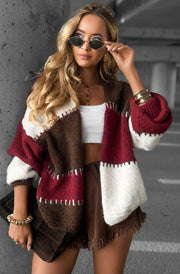 Miraya Contrast Colour Block Knitted Cardigan-Wine