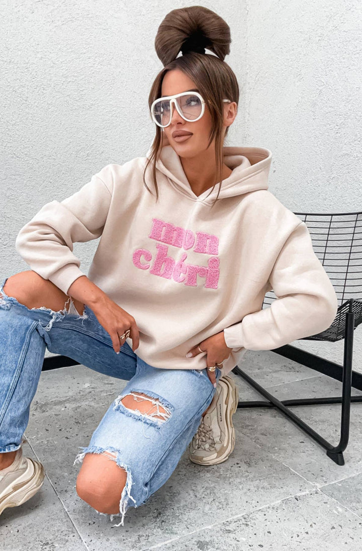 Mon Chéri Oversized Hooded Sweatshirt Jumper-Stone