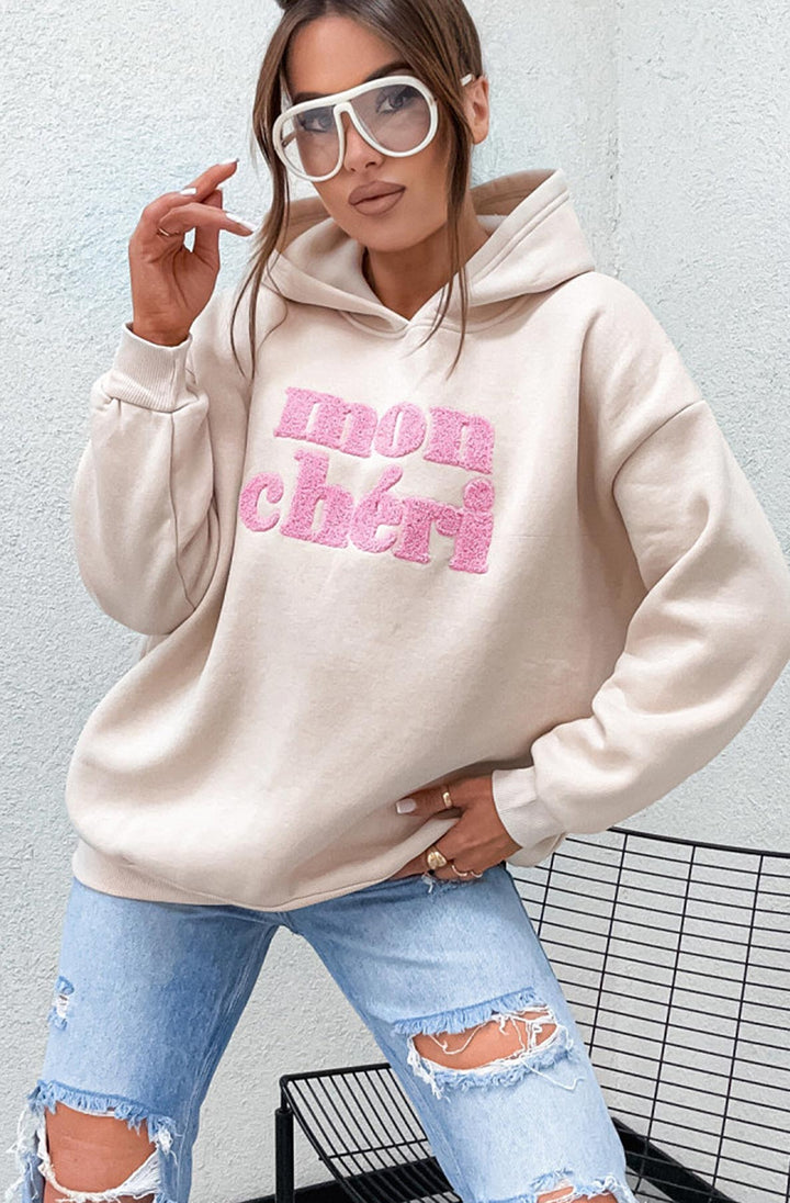 Mon Chéri Oversized Hooded Sweatshirt Jumper-Stone