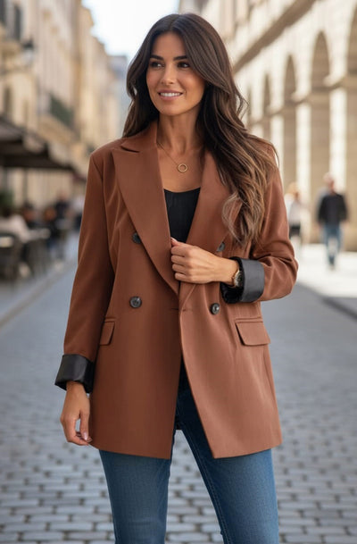 Myla Oversized Faux Leather Blazer Jacket-Brown