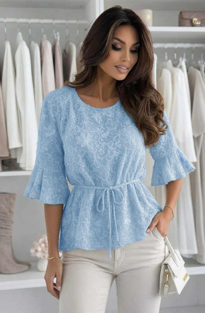 Nadia Floral Eyelash Textured Pleated Tie-Waist Blouse Top-Blue