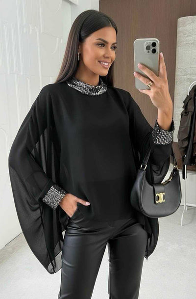 Nela Sequin Trim Batwing Blouse Top-Black