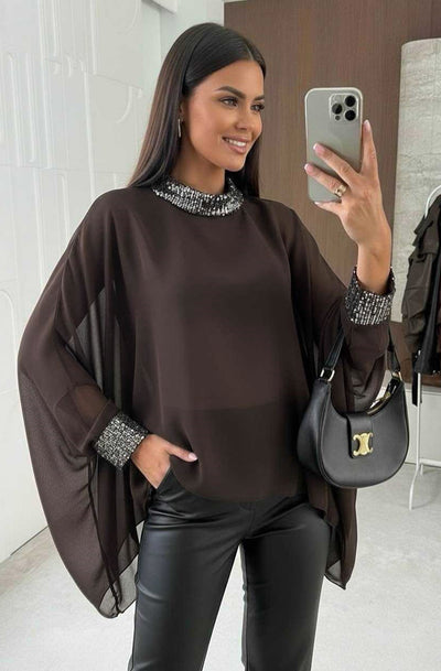 Nela Sequin Trim Batwing Blouse Top-Dark Brown