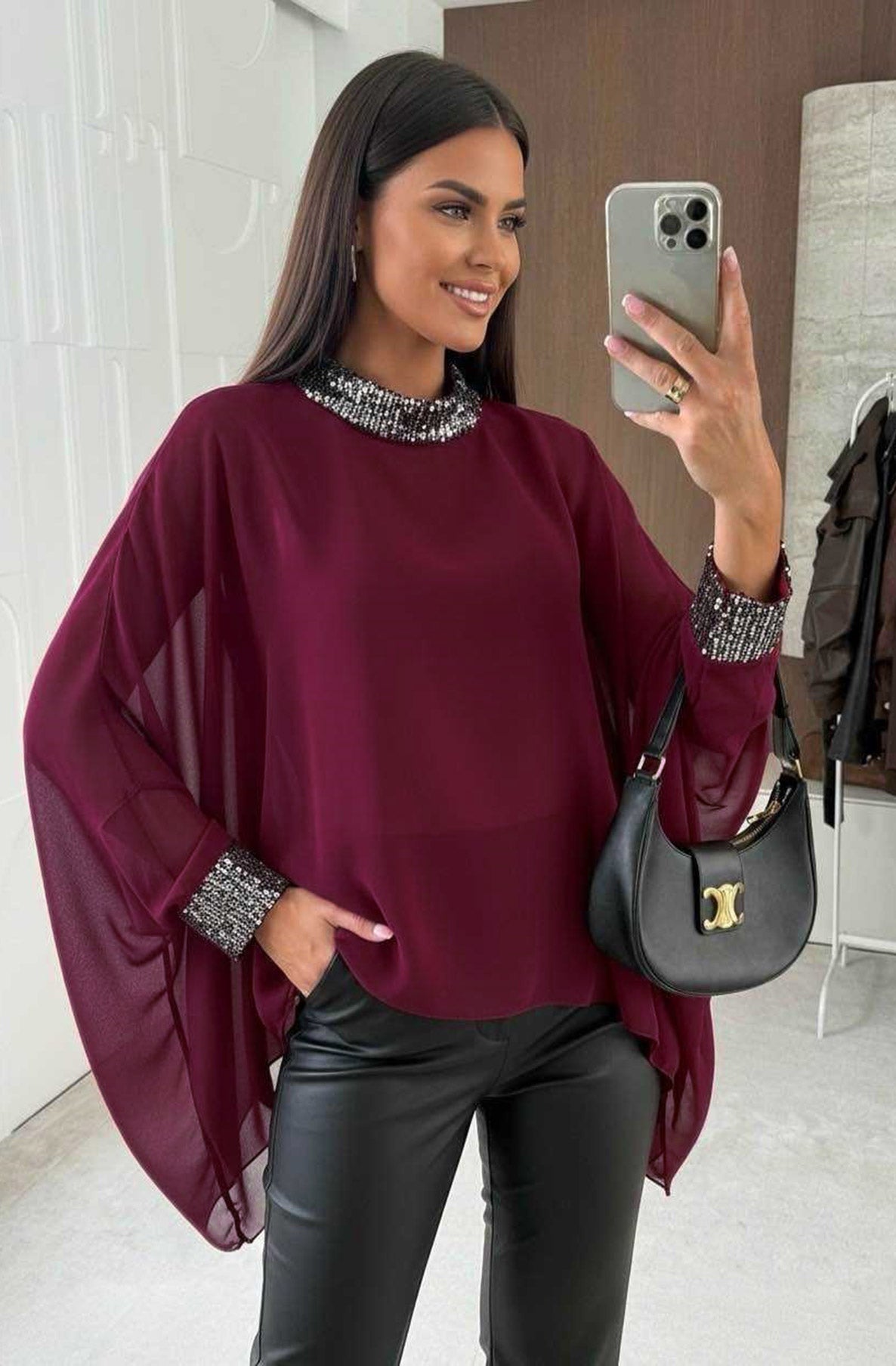 Nela Sequin Trim Batwing Blouse Top-Wine