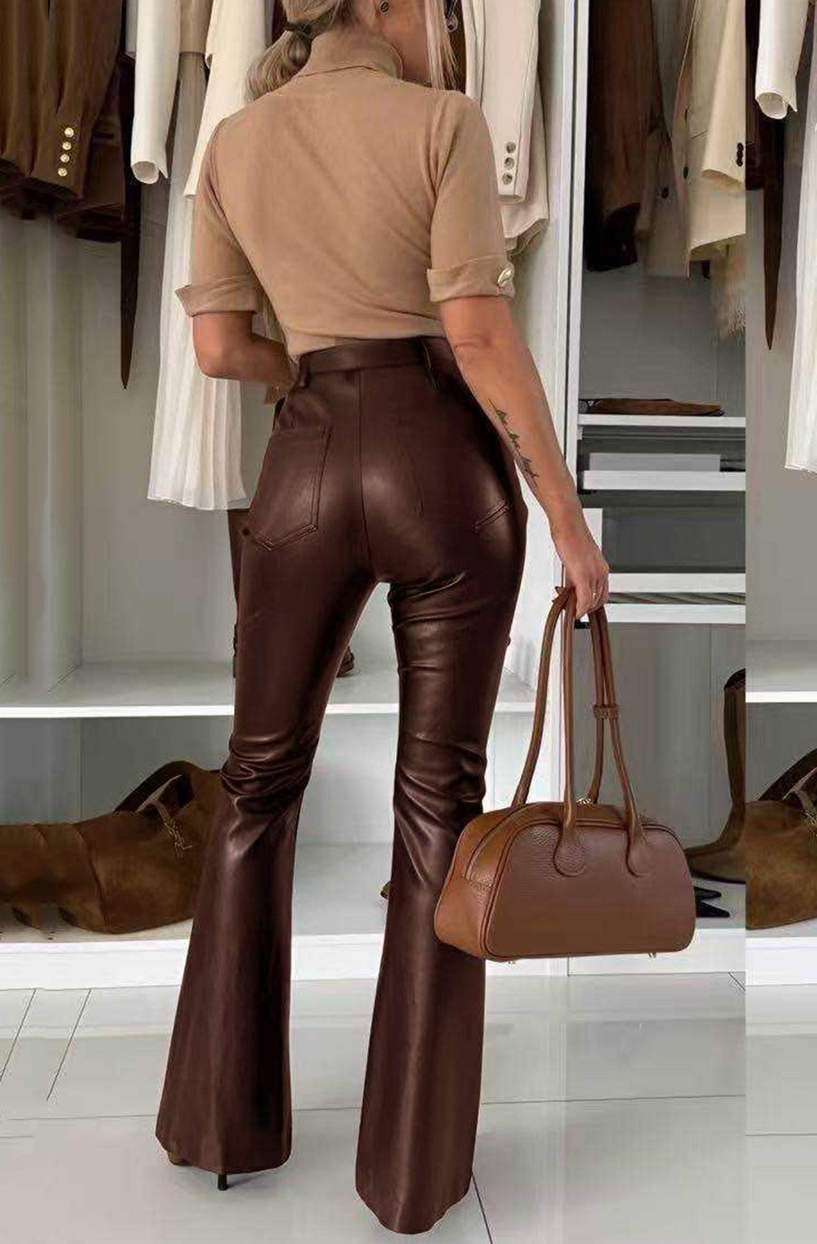 Nerisse Faux Leather Flare High-Waist Trousers-Brown