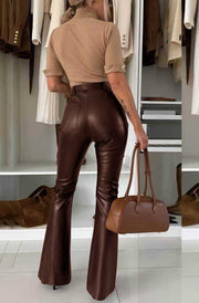 Nerisse Faux Leather Flare High-Waist Trousers-Brown