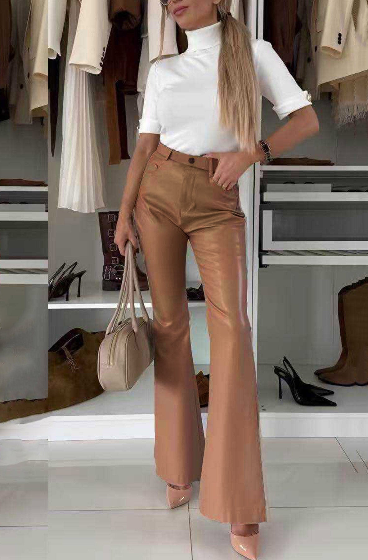 Nerisse Faux Leather Flare High-Waist Trousers-Camel