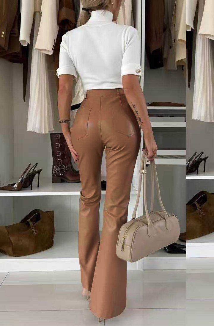Nerisse Faux Leather Flare High-Waist Trousers-Camel