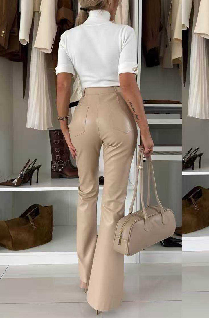 Nerisse Faux Leather Flare High-Waist Trousers-Stone