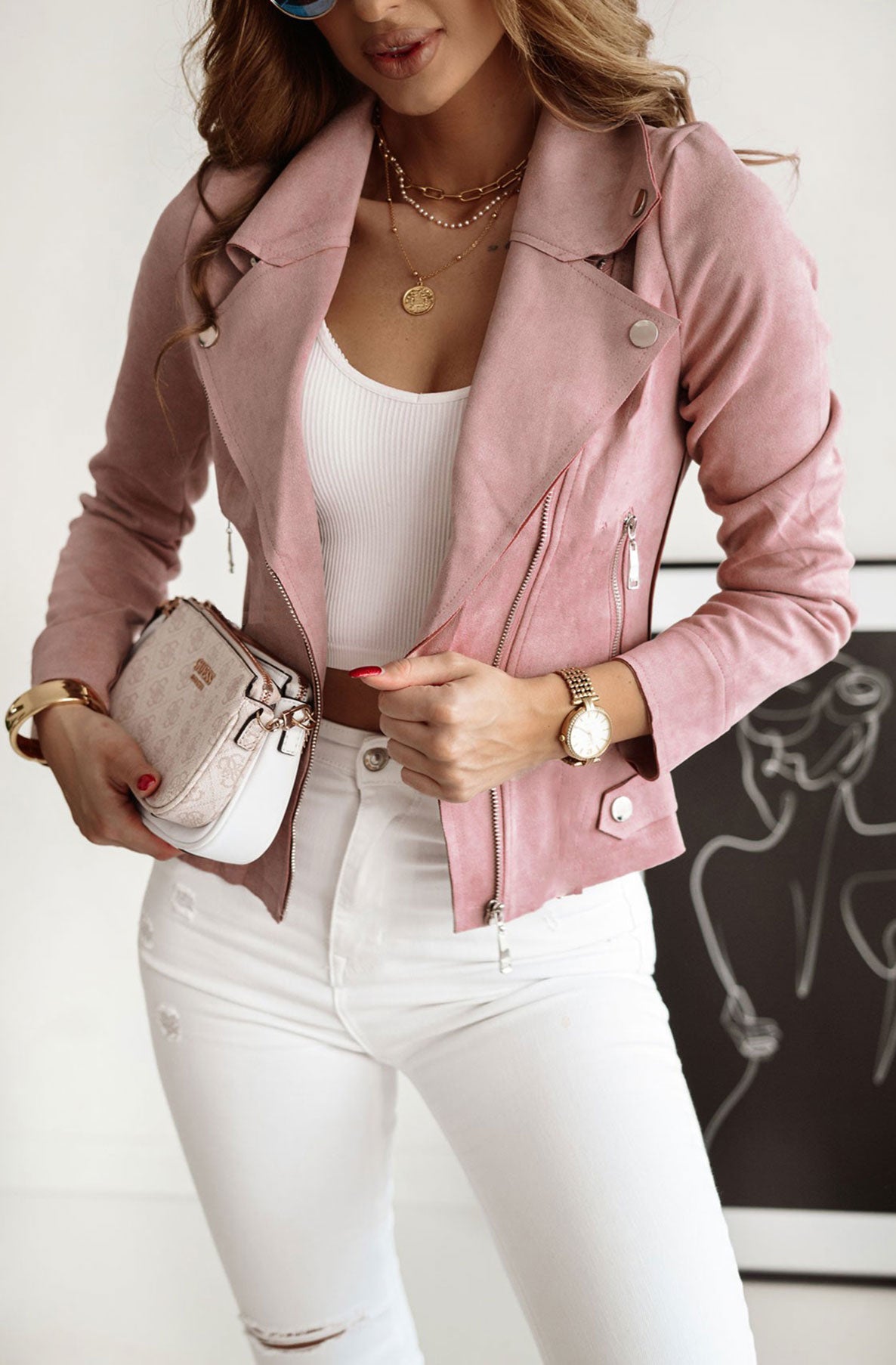 Nikita Suedette Zip Detail Biker Jacket-Dusty Pink