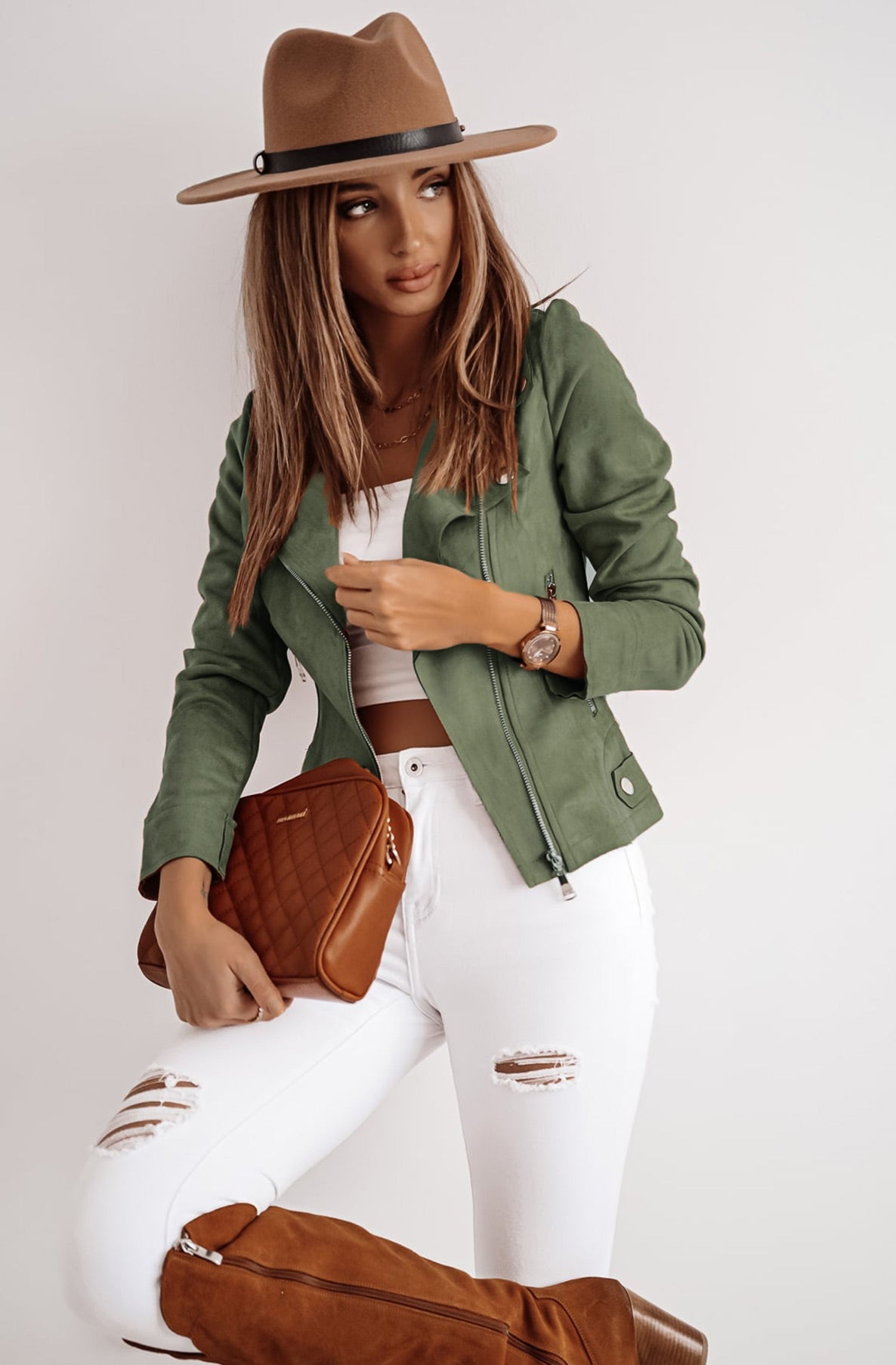 Nikita Suedette Zip Detail Biker Jacket-Khaki