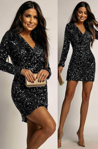 Noelia Sequin V-Neck Long Sleeve Mini Dress-Silver