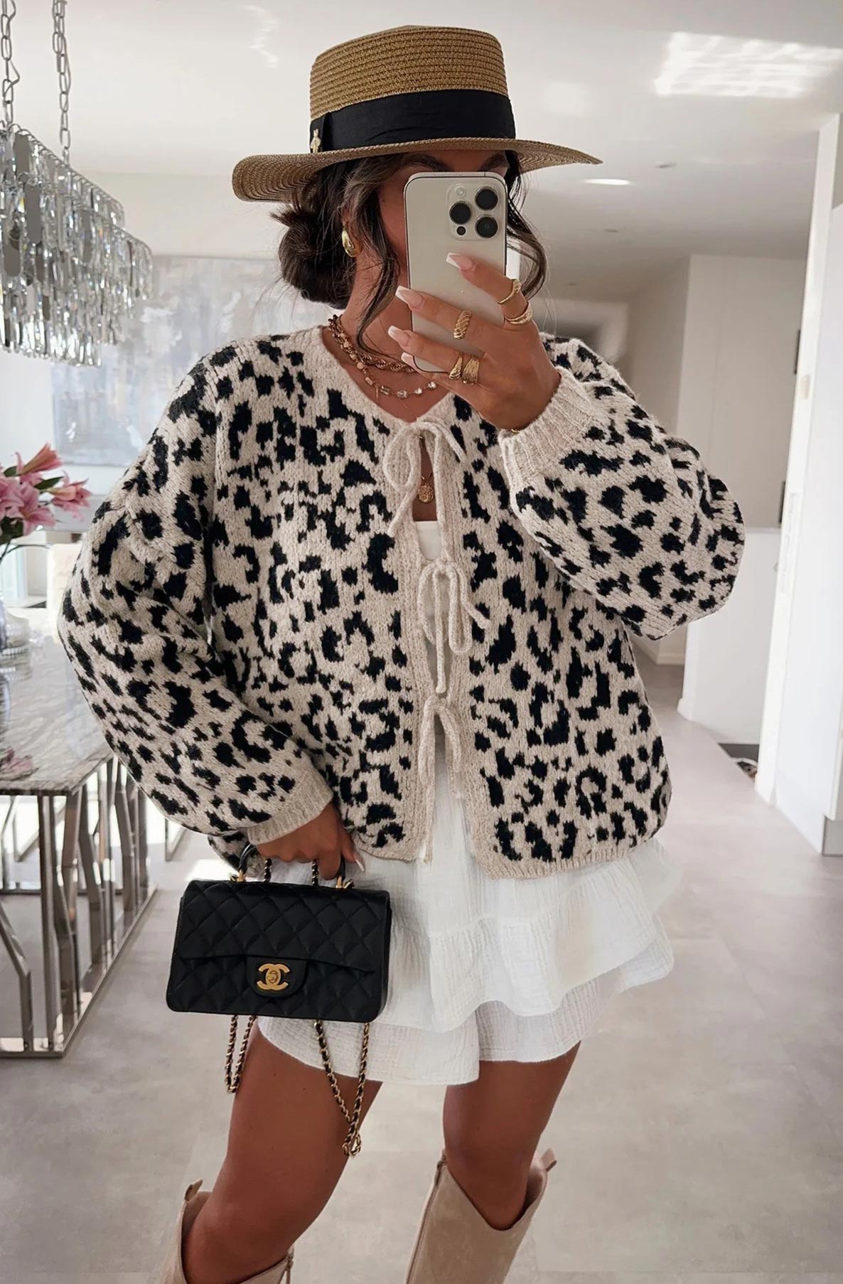 Noelle Leopard Tie-Up Cardigan-Stone