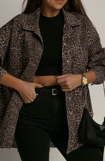 Nola Oversized Leopard Denim Shacket-Brown