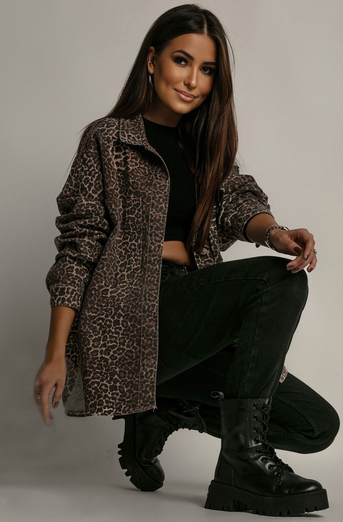 Nola Oversized Leopard Denim Shacket-Brown