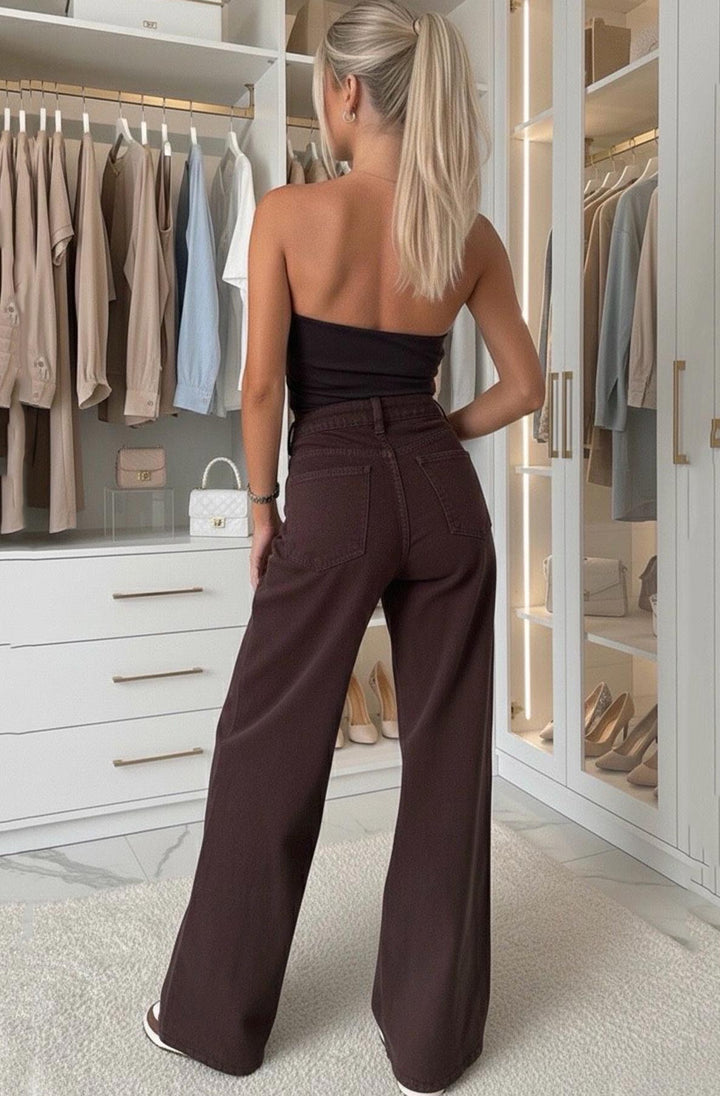 Nolie High Waisted Wide Leg Denim Jeans-Brown