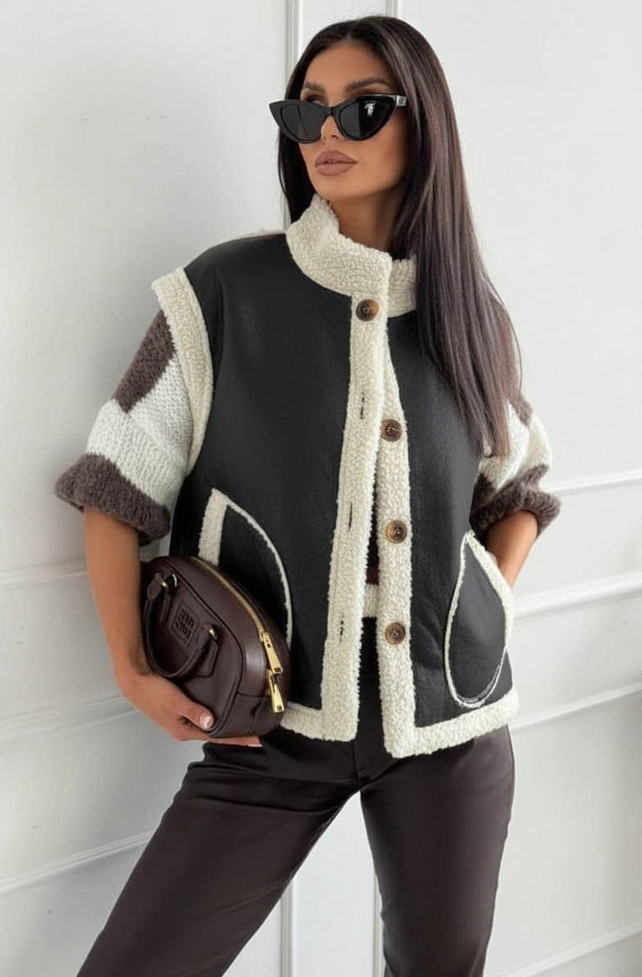 Nora Faux Shearling Trim Sleeveless Gilet Vest-Black