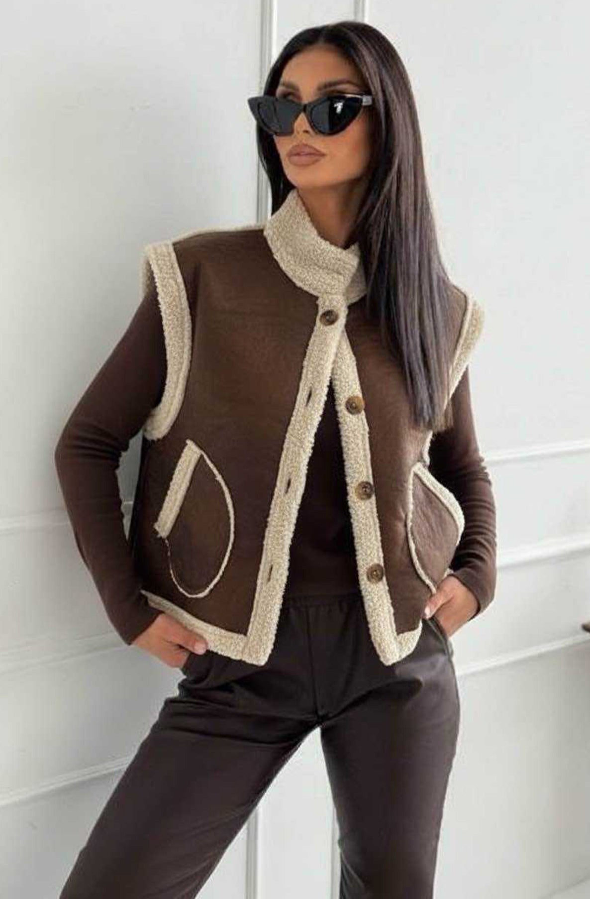 Nora Faux Shearling Trim Sleeveless Gilet Vest-Brown