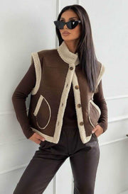 Nora Faux Shearling Trim Sleeveless Gilet Vest-Brown
