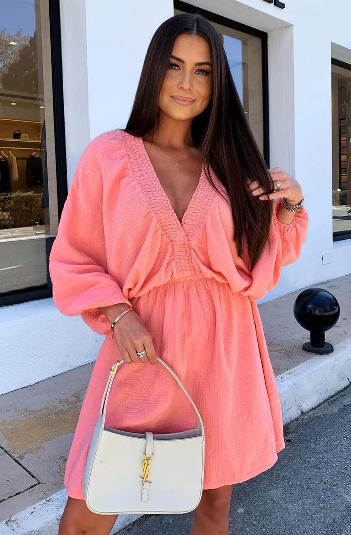 Norah Cotton Gauze Style Dress-Coral
