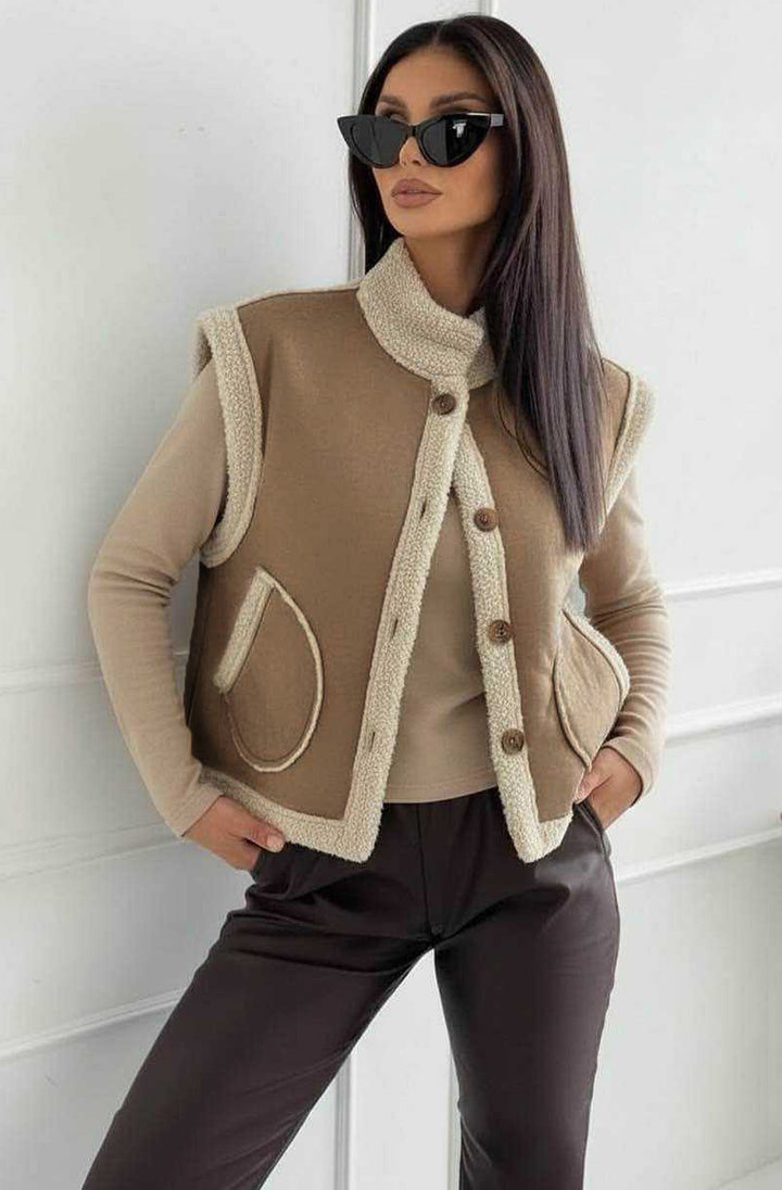 Nora Faux Shearling Trim Sleeveless Gilet Vest-Stone