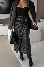 Nori Sequin Wrap Gold Buckle Midaxi Skirt-Black