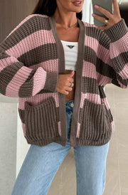 Norina Striped Pocket Detail Cardigan-Pink