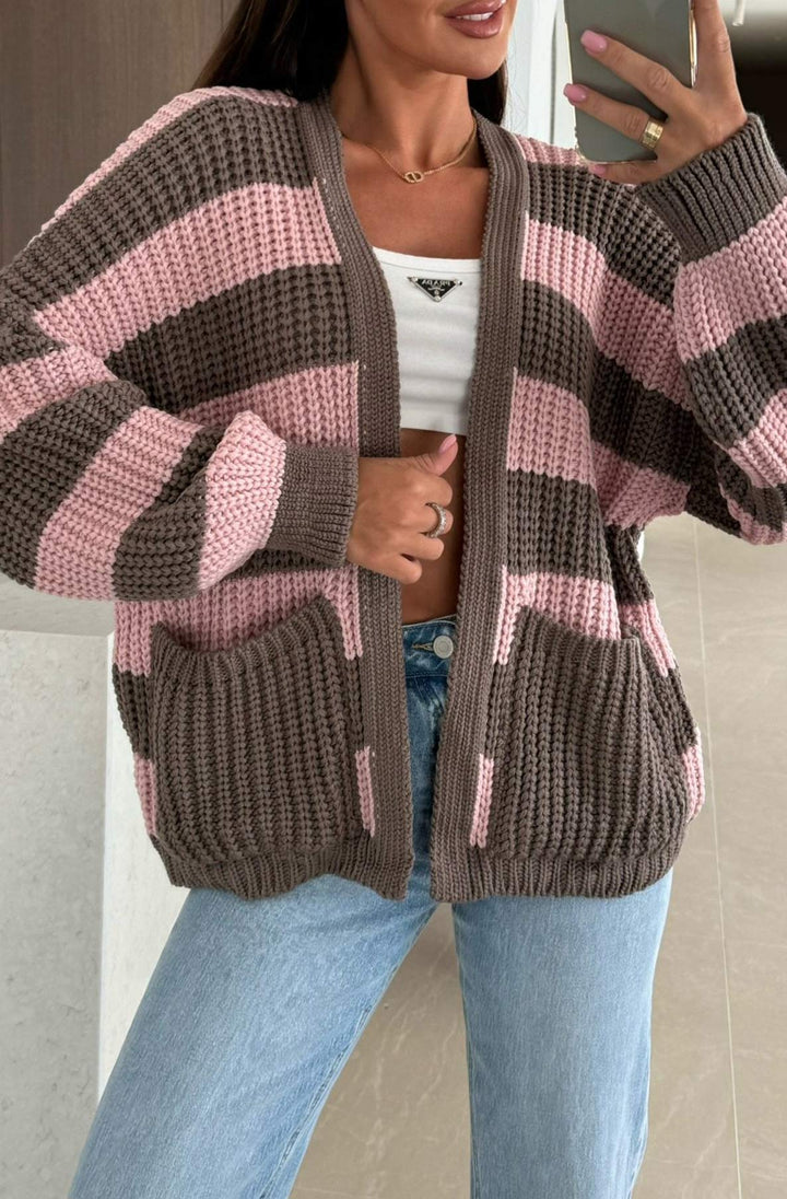 Norina Striped Pocket Detail Cardigan-Pink