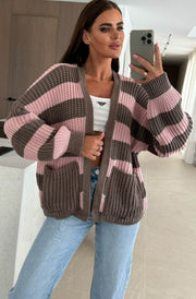Norina Striped Pocket Detail Cardigan-Pink