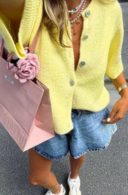 Onika Short Sleeves Knitted Cardigan-Lemon