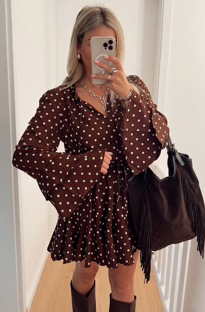 Ophilia Frill Polka Dot Mini Dress-Brown