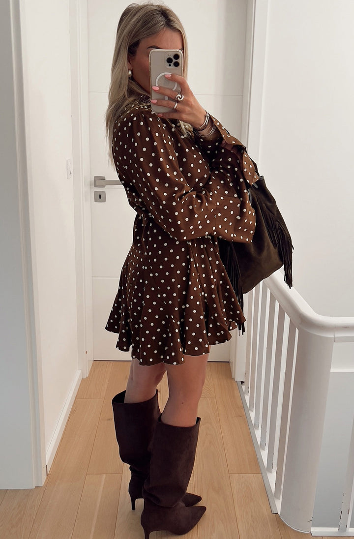 Ophilia Frill Polka Dot Mini Dress-Brown
