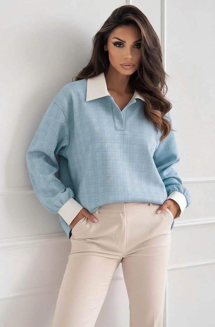 Orelia Oversized Contrast Check Blouse Top-Blue