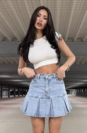 Oriana Frill Denim Mini Skort-Light Blue