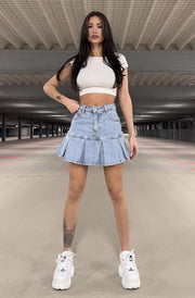 Oriana Frill Denim Mini Skort-Light Blue