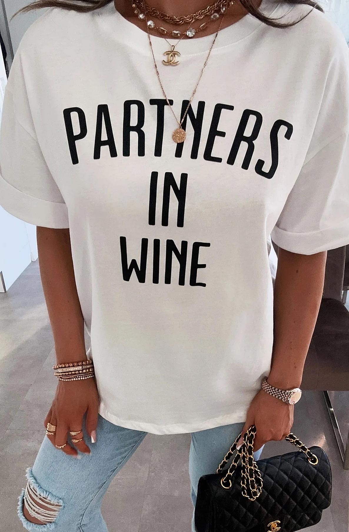 'Partners in Wine' Oversized Graphic Printed T. Shirt Top-Ivory