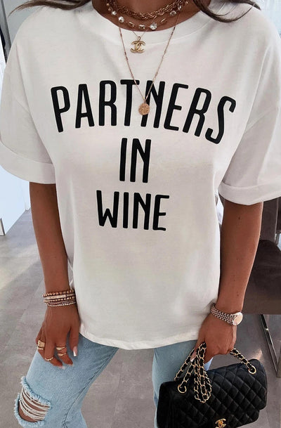 'Partners in Wine' Oversized Graphic Printed T. Shirt Top-Ivory