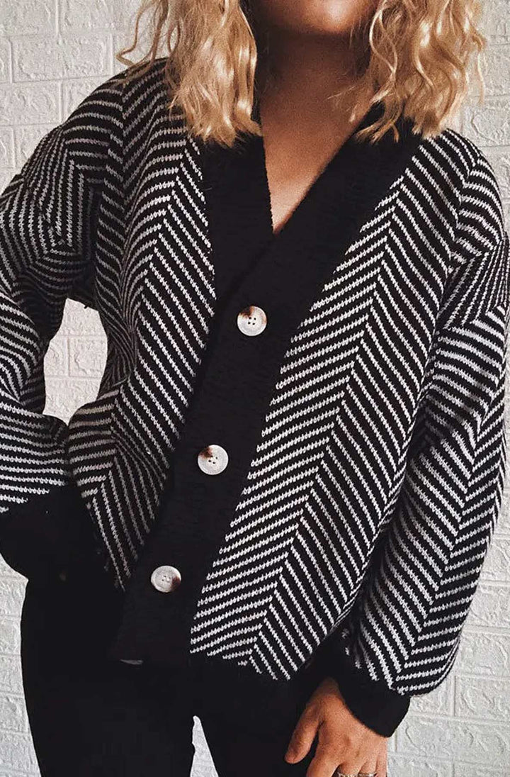 Penelope Contrast Striped Knitted Cardigan-Black