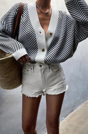 Penelope Contrast Striped Knitted Cardigan-Ivory