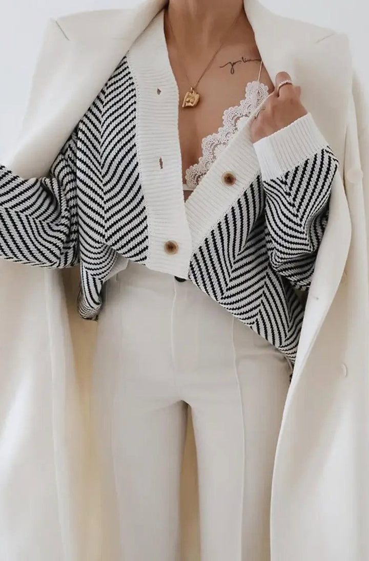 Penelope Contrast Striped Knitted Cardigan-Ivory