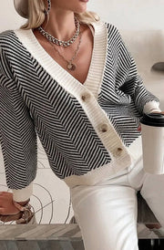 Penelope Contrast Striped Knitted Cardigan-Ivory