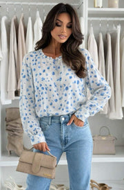Pixie Abstract Print Frill Neck Chiffon Blouse Top-Blue