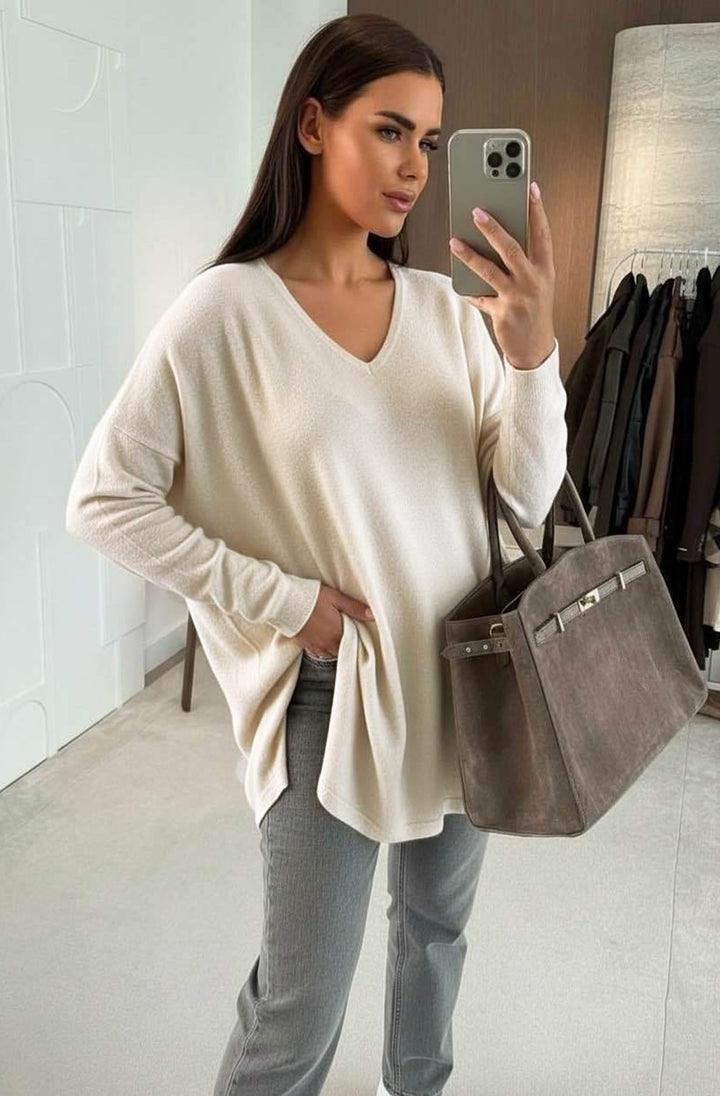 Polly Oversized V-Neck Long Sleeve Lightweight Knitted Sweater Jumper-Ivory