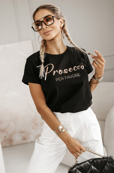 'Prosecco Per Favore' Graphic Printed T-Shirt Top-Black